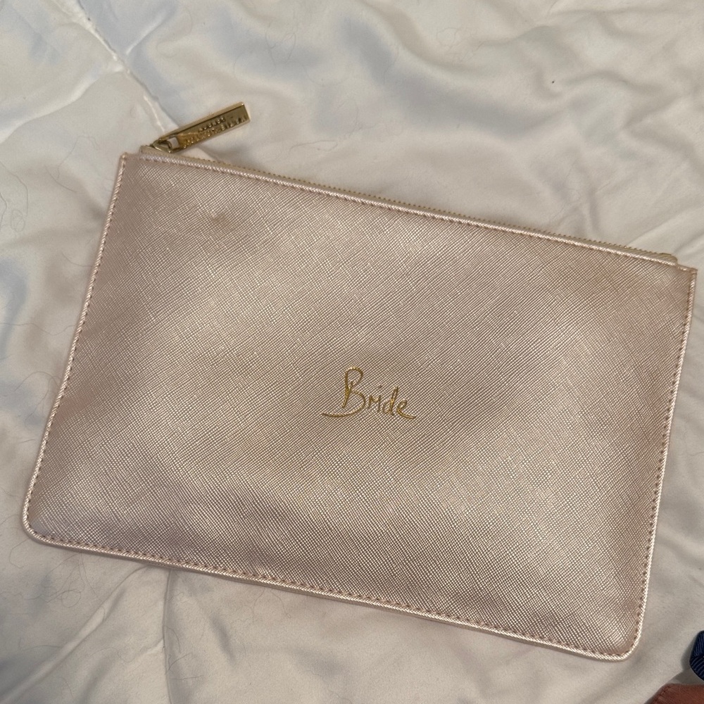Metallic Pink 'Bride' Cosmetic Pouch with Gold Accent